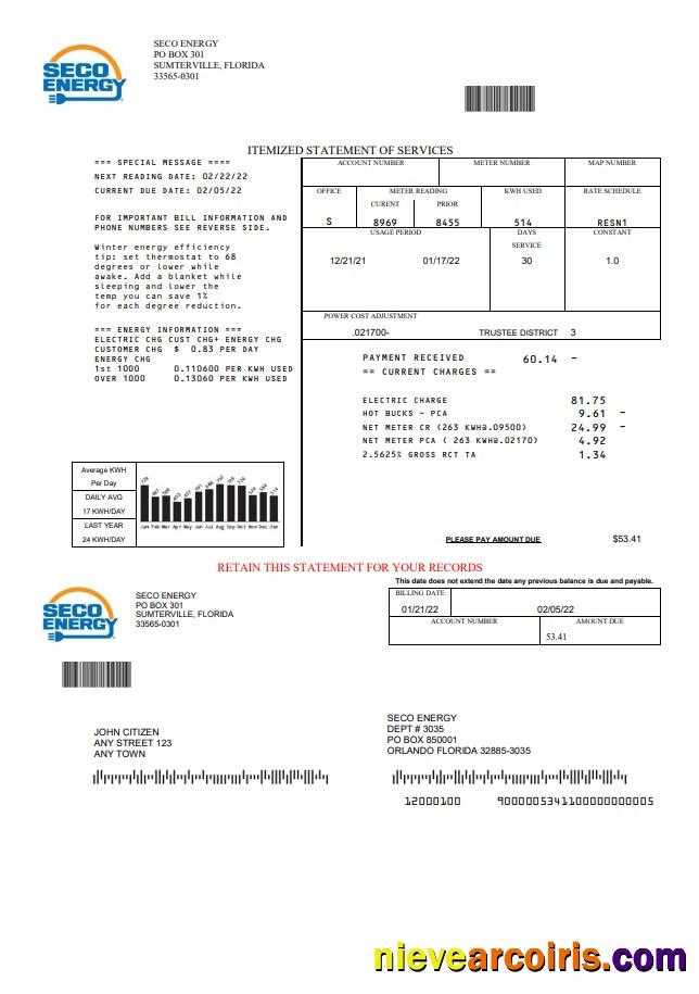 USA Florida Seco Energy utility bill